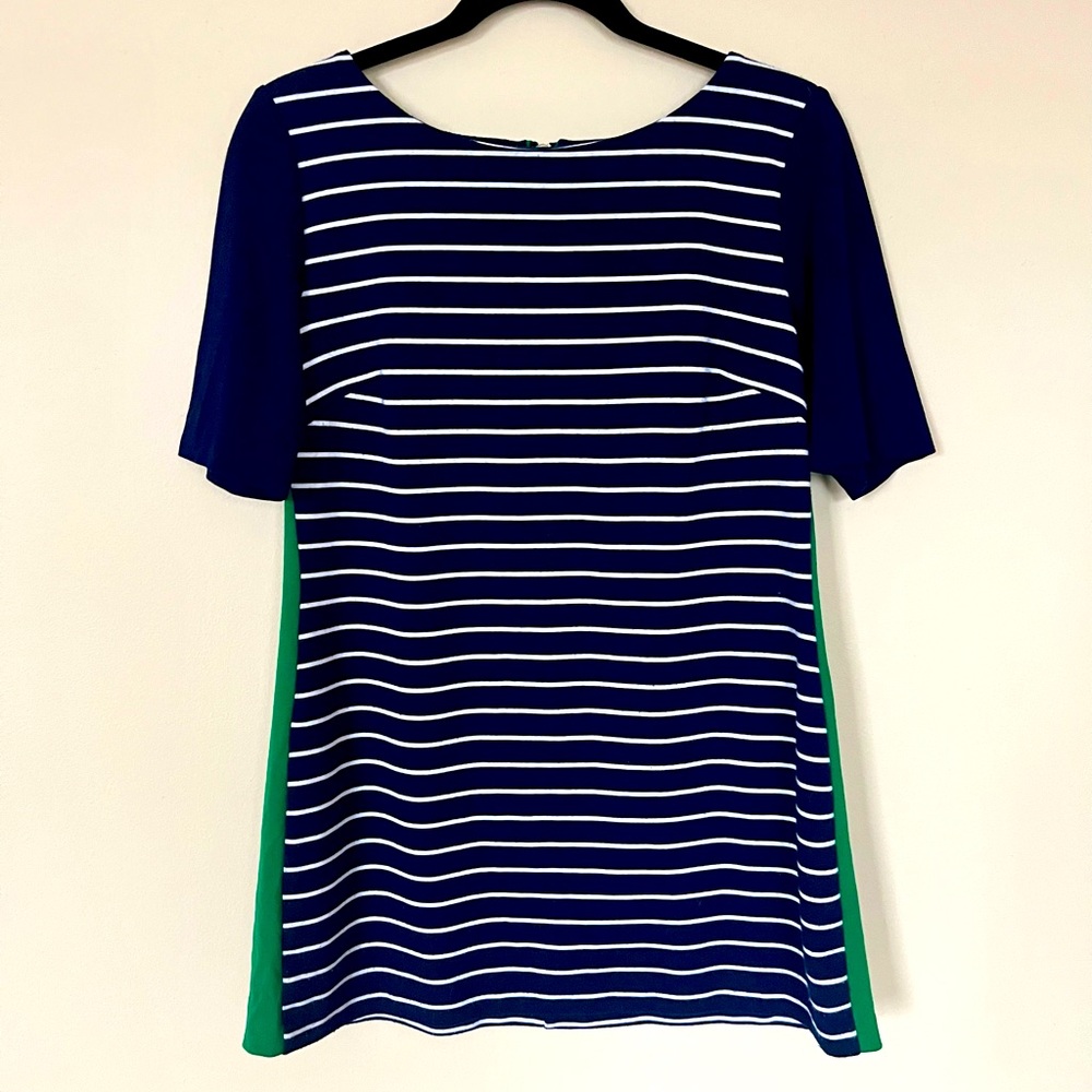 Eliza J Navy Striped Tunic Gold Zipper Back Green Side Stripes Size 12 P